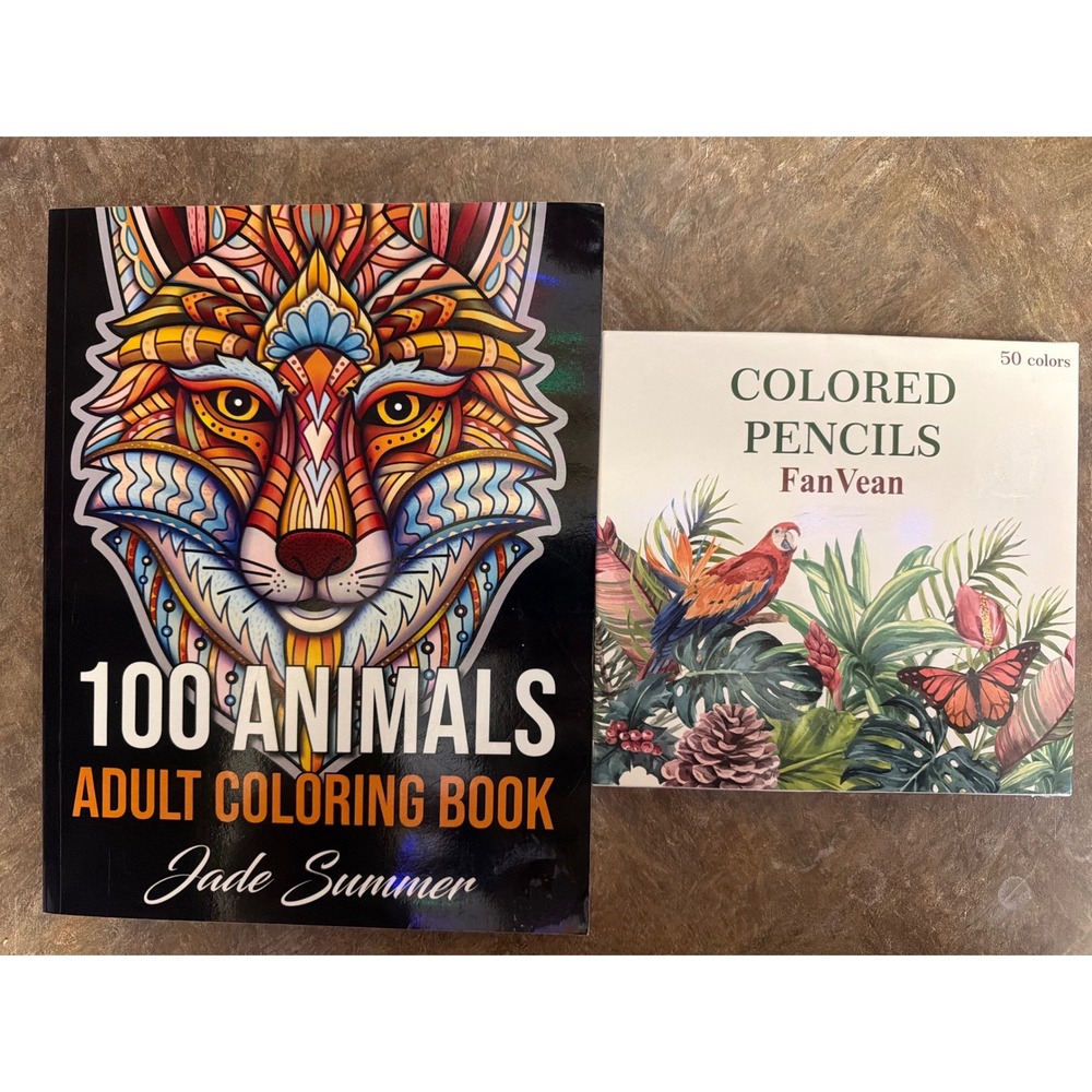 Jade Summer 100 Animals Adult Coloring Book & FanVean 50 Colored Pencils Set